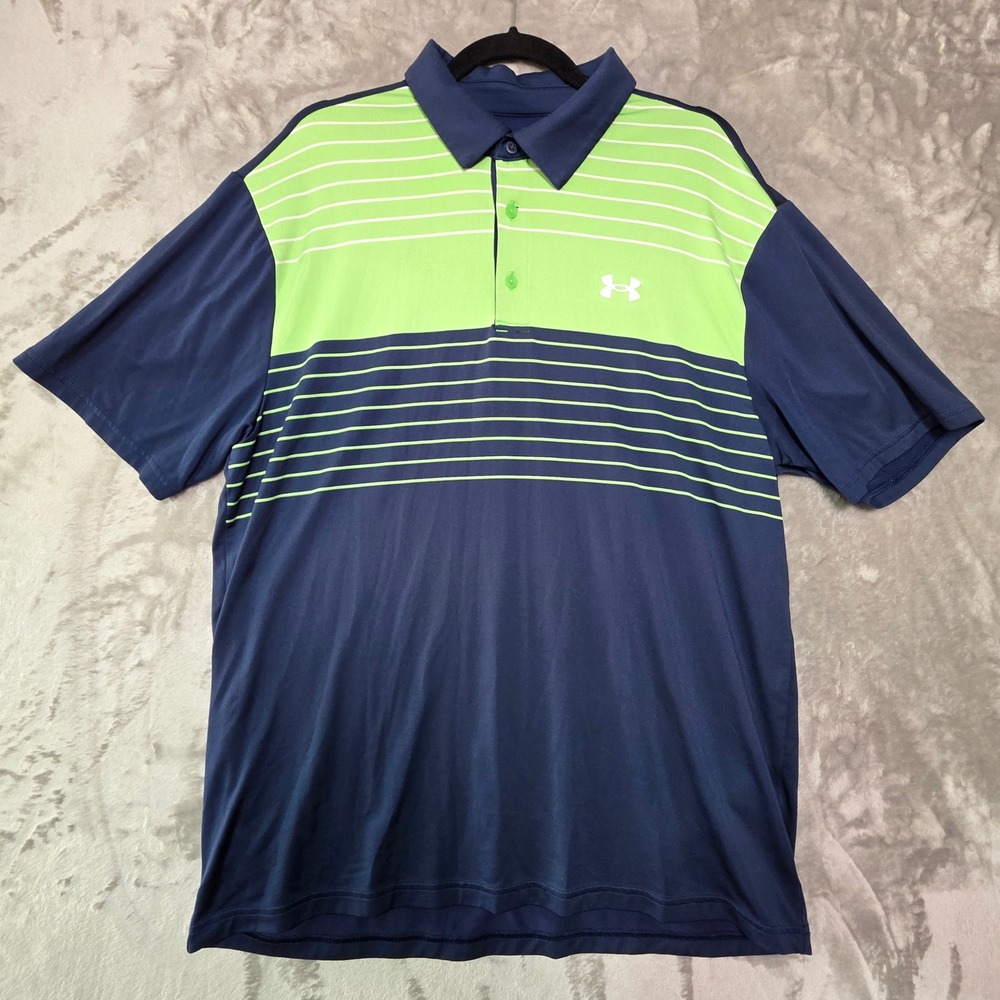 Under Armour Mens Playoff Polo Shirt XL Navy Blue Lime Green Striped Golf Loose